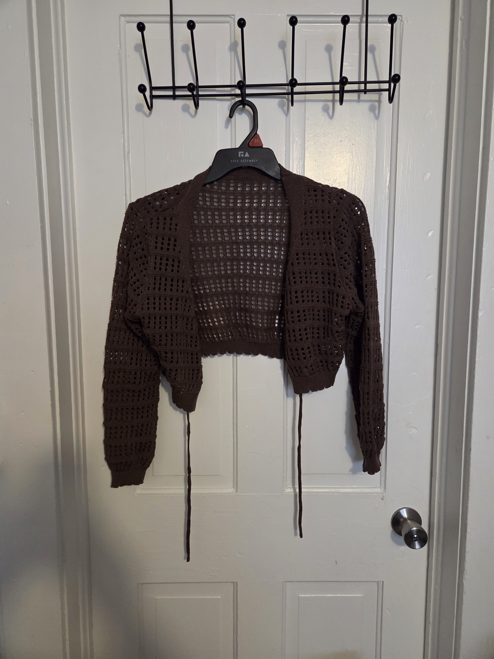 Brown Openwork Cropped Cardigan Sweater